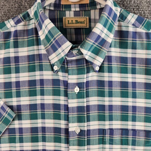 VTG LL Bean Button Up Shirt Short Sleeve Plaid Cotton Blend 16.5 Woven Oxford - Picture 2 of 14
